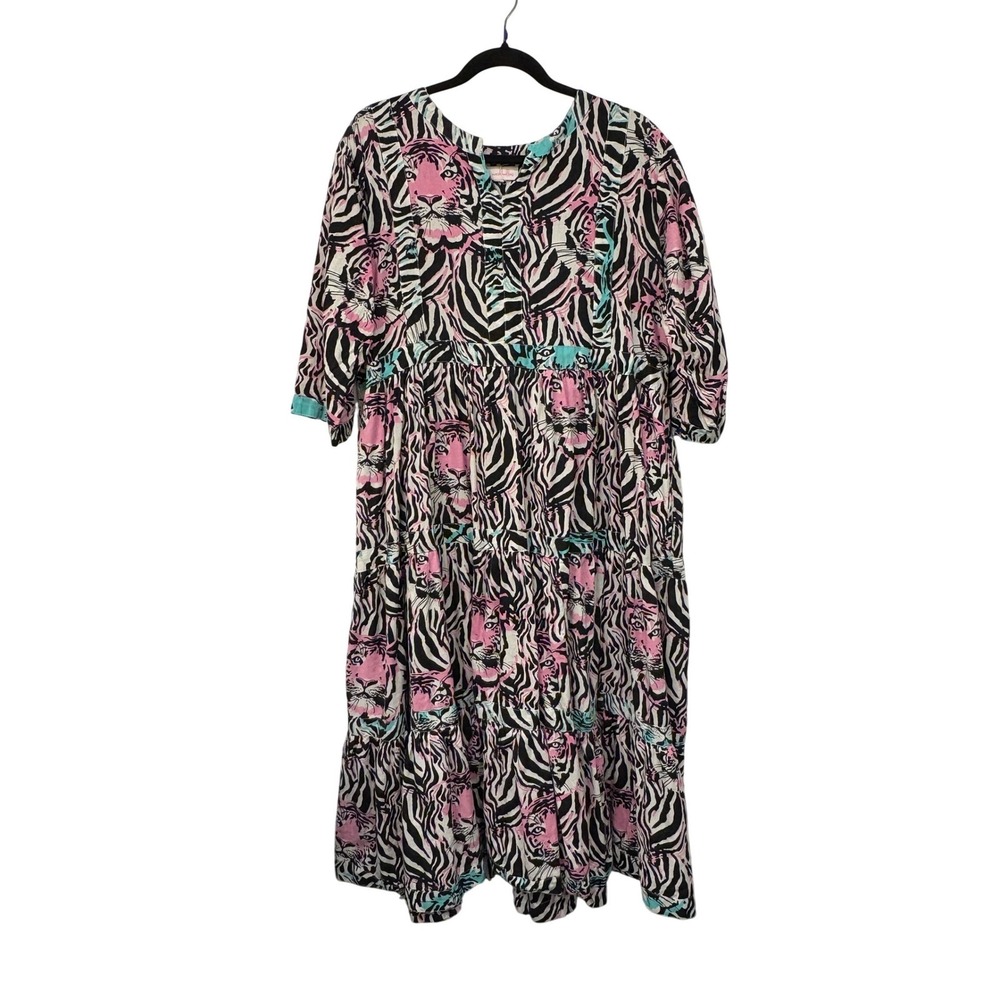 Mary Marshmallow Maxi Dress Size XL Pink Black Tiered Animal Print Maximalist